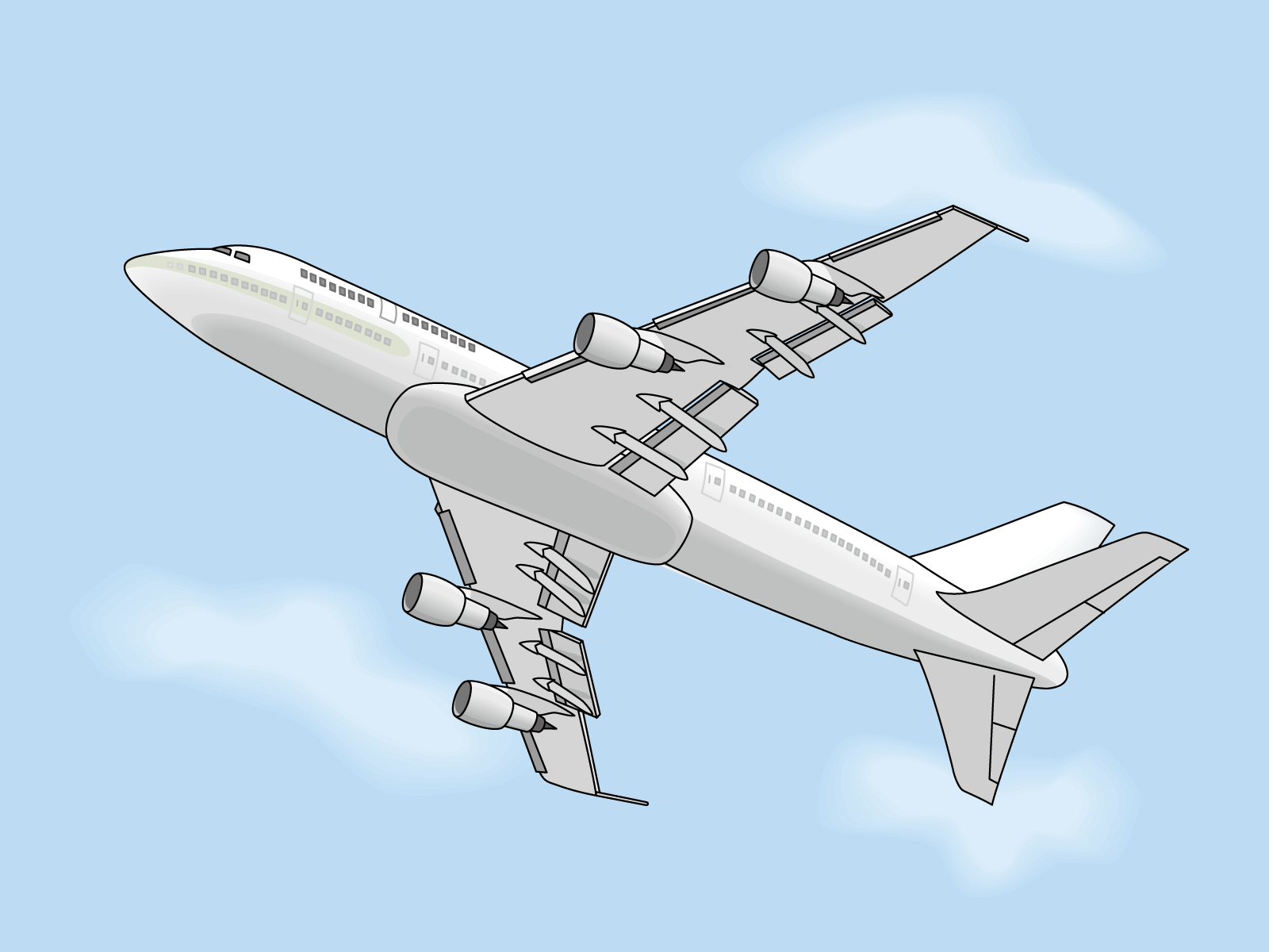 An airplane with four engines flying in the sky