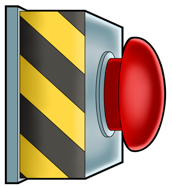 A red emergency stop button on a black-and-yellow striped base.